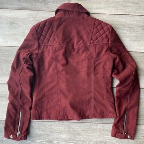 All Saints Suede Biker Jacket Burgundy - Picture 3 of 5